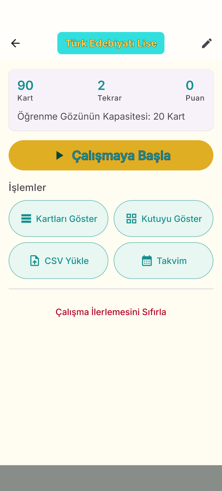 Bir standart öğrenme kutusunun ders sayfası