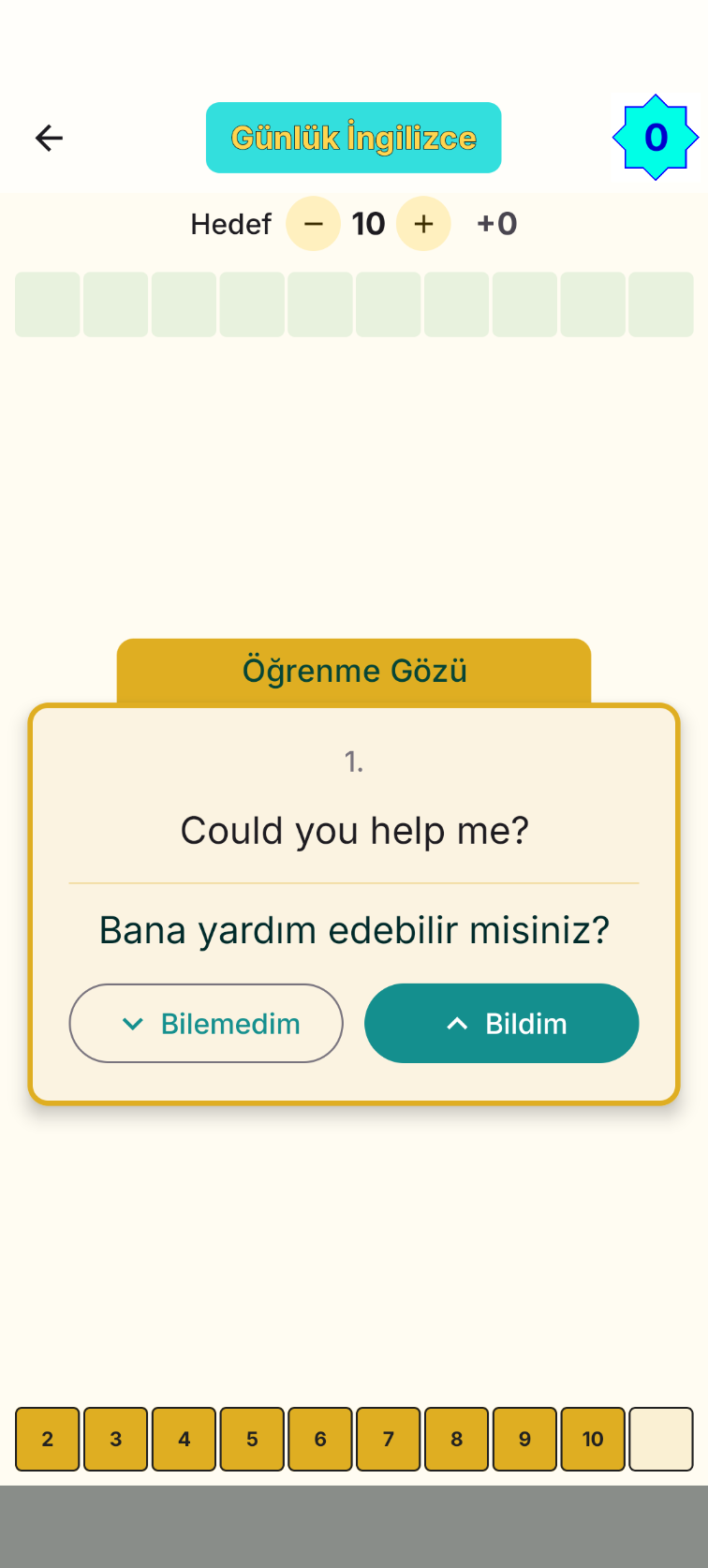 Standart öğrenmede cevap ve değerlendirme ekranı