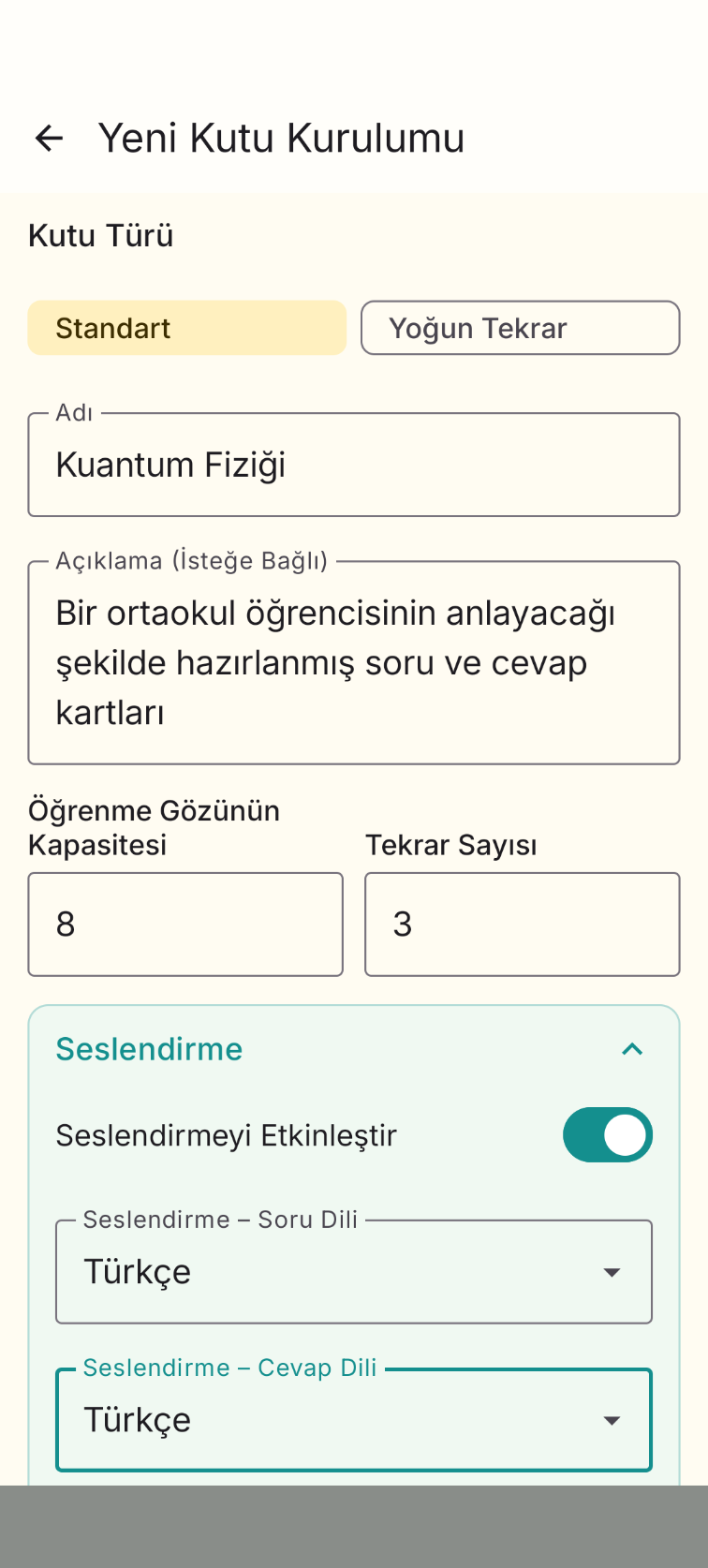 Yeni öğrenme kutusu kurma ekranı