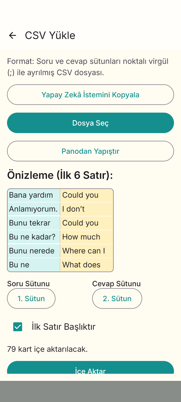 CSV yükleme ve yapay zekâ araçları